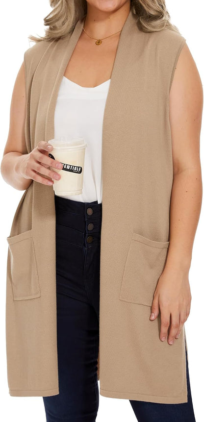 Moss Rose Women's Long Knit Cardigan Vest Casual Sleeveless Open Front Draped Duster Vest (Available in Plus Size)