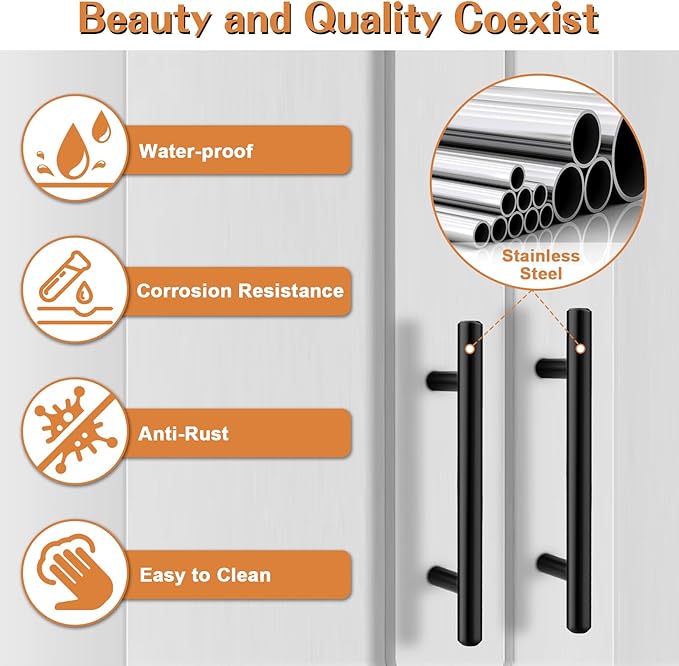 Probrico 10 Pack5 Inch Hole Centers Solid Cabinet Pulls Stainless Steel Round T Bar Cabinet Handles Black Drawer Pulls, Kitchen Cabinet Hardware for Cupboard Wardrobe Drawer Closet Nightstand