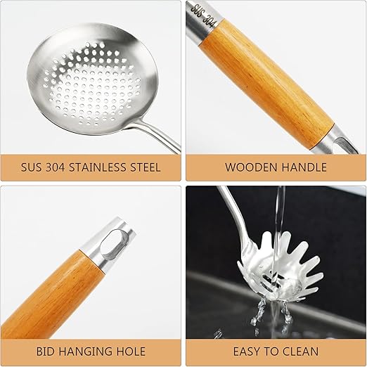 6 Pieces Stainless Steel 304 Kitchen Cooking Utensil Set, Metal 18/8 Stainless Steel Utensil Spatula Sets Cookware for Kitchen with Wood Handle