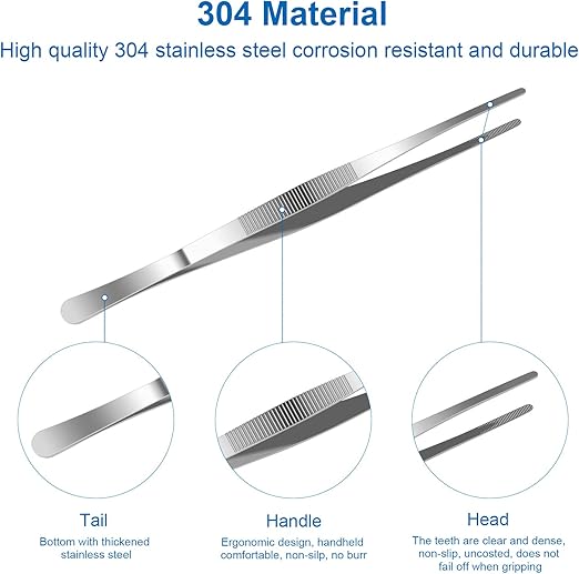 AHIER 12inch Kitchen tweezer Stainless Steel, Long tweezer with Precision Serrated Tips for Cooking Pincette for Sea food, Bar Tweezer