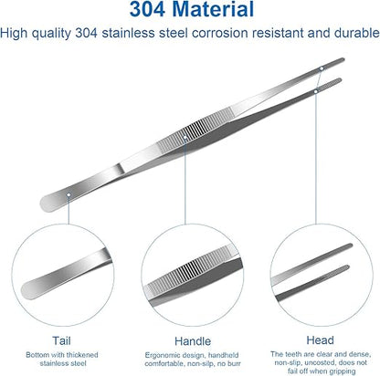 AHIER 12inch Kitchen tweezer Stainless Steel, Long tweezer with Precision Serrated Tips for Cooking Pincette for Sea food, Bar Tweezer