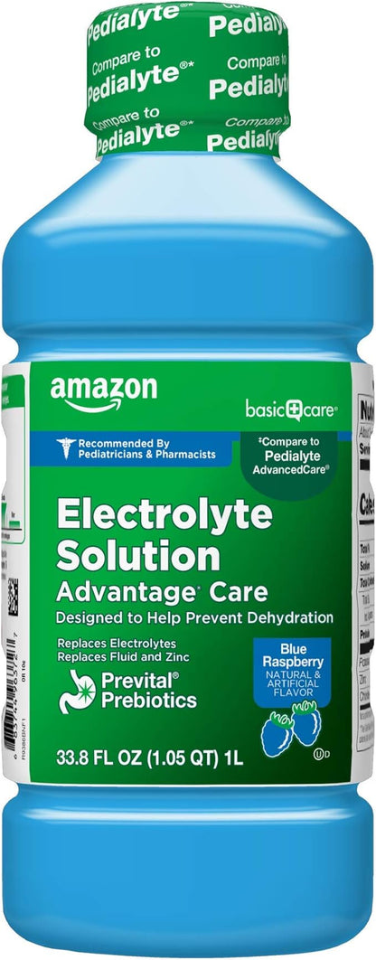 Basic Care Electrolyte Solution Advantage Care with PreVital Prebiotics, Blue Raspberry, Designed to Help Prevent Dehydration, Replaces Electrolytes, Fluid and Zinc, 33.8 fl oz (Pack of 1)