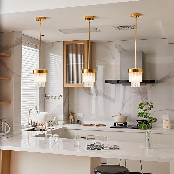 7-inch pendant lamp, modern crystal pendant lamp, E26, 1 kitchen island pendant lamp, golden pendant lighting for hallway and dining room (gold, 1 unit)