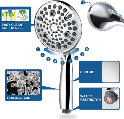 XMJAS-TURN High Pressure 10-mode Handheld Shower Head - Anti-clog Nozzles,Built-in Power Wash to Clean Tub, Tile & Pets,Extra Long 5 ft.Stainless Steel Hose, Copper interface shower holder