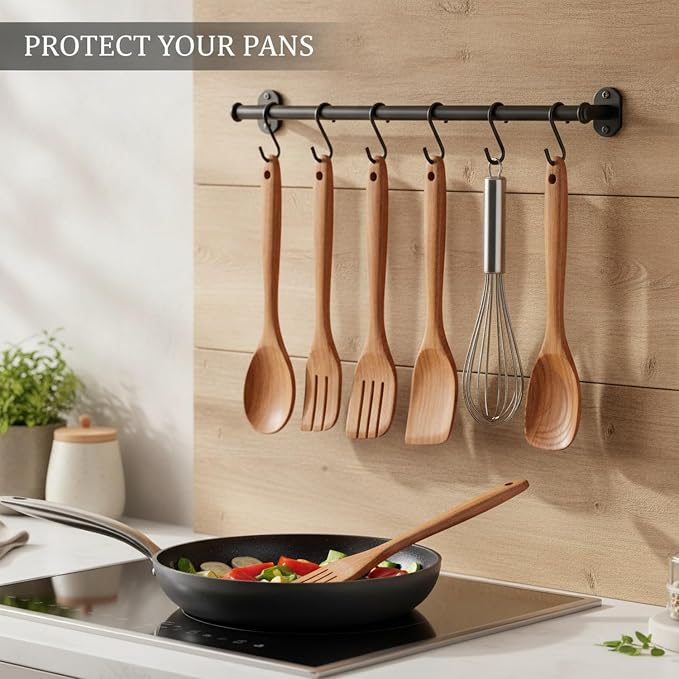 Solid Wood Cooking Utensil Set with Clear Lacquer Finish for Non-Stick Cookware, Natural Brown Kitchen Tools