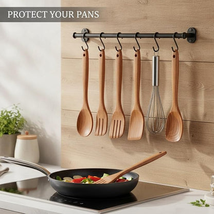 Solid Wood Cooking Utensil Set with Clear Lacquer Finish for Non-Stick Cookware, Natural Brown Kitchen Tools