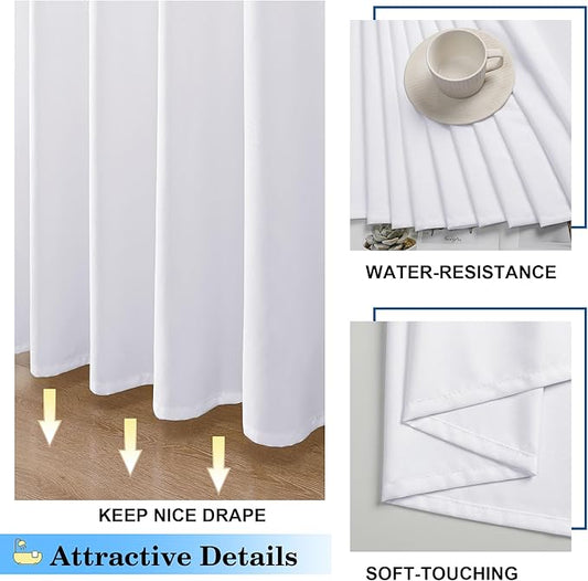 OVZME Zora White Shower Curtain, Fabric Shower Curtain for Bathroom - Soft Cloth Hotel Spa Quality, Water Repellent Bath Decor, Washable Shower Curtain Set with 12 Hooks, Grommets Top, 72Wx72L