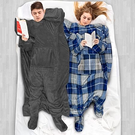 PAVILIA Fleece Blanket with Sleeves, Foot Pockets for Women Men Adults, Plush Wearable Blanket Throw Wrap, Warm Snuggle Blanket Robe, Cozy Gift Ideas Wife Mom, Plaid Navy Blue