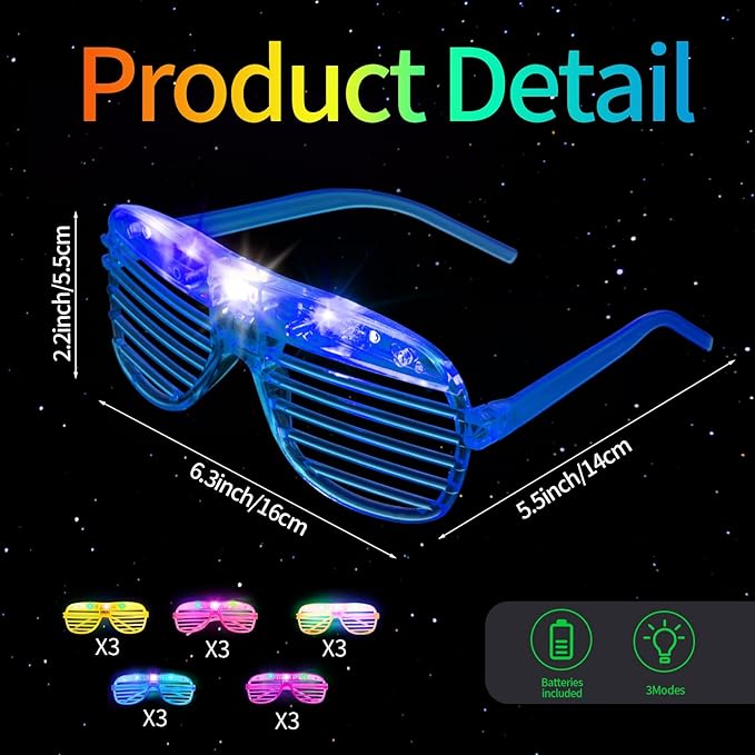 15 Pack Light Up Glasses 5 Colors LED Glasses Glow in The Dark Party Supplies for Kids Adults 80s Shutter Shades Neon Party Favors