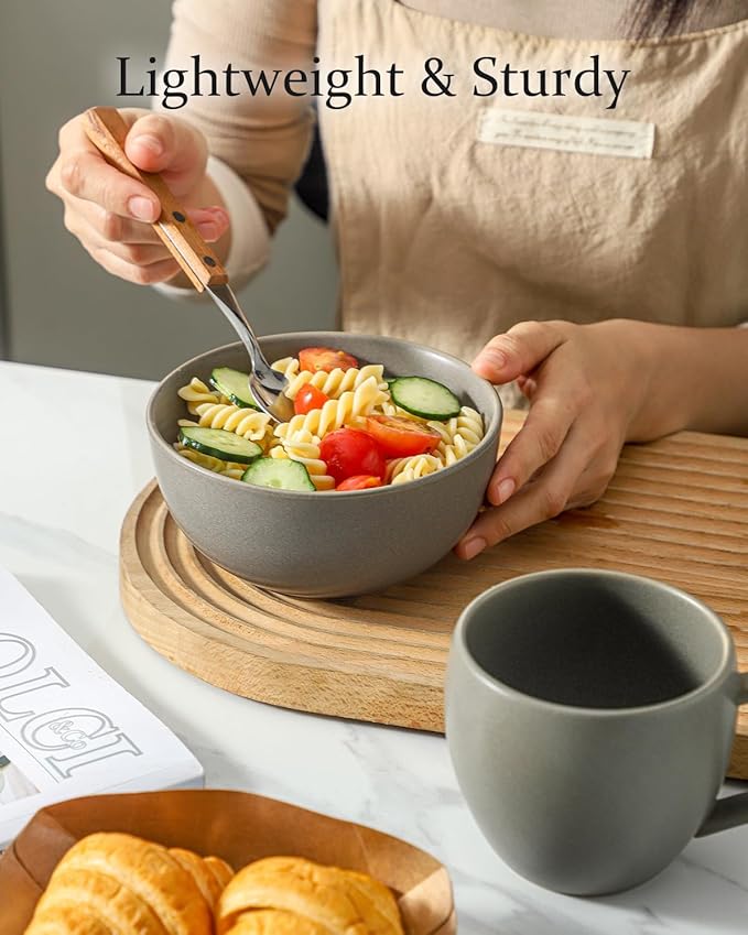 Soup Bowls Set of 6, 24 oz Cereal Bowls for Kitchen, Ceramic Bowls Set for Pasta, Ramen, Oatmeal, Dessert, Stoneware Bowls Set for Gift, Dishwasher Microwave Oven Safe, Matte Gray