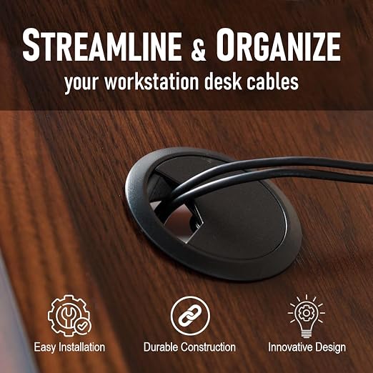 ANGSTROM 2-Inch Hole Desk Grommet Cover Organizer for Desktop Computer Electronics Wires, Black Plastic (2-Pack)