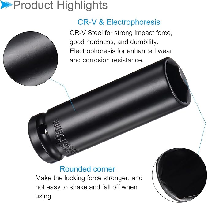 Deep Impact Socket, 12"" Drive 19mm Socket, CR-V Steel Rounded Corner Design 6-Point Deep Impact Socket - (Applications: for Screw Installation and Removal), Onesize