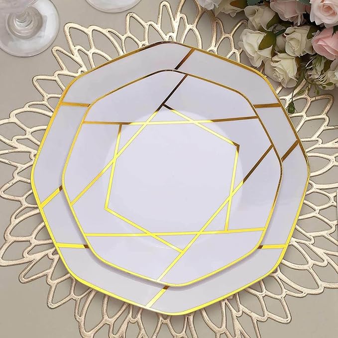 Efavormart 10 Pack | 8" White/Gold Geometric Design Plastic Dessert Plates, Disposable Octagon Salad/Appetizer Party Plates