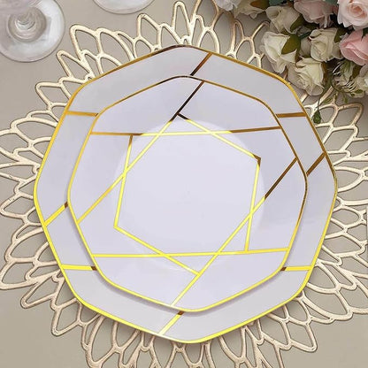 Efavormart 10 Pack | 8" White/Gold Geometric Design Plastic Dessert Plates, Disposable Octagon Salad/Appetizer Party Plates