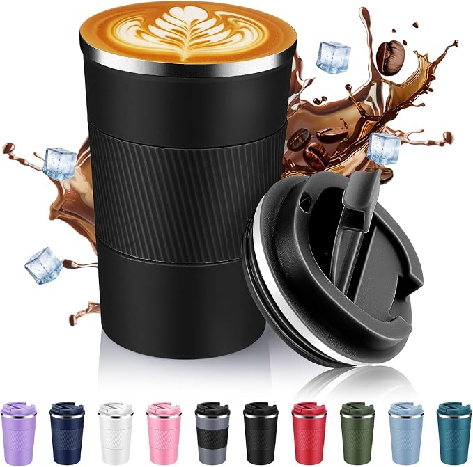 13 oz Stainless Steel Insulated Travel Coffee Mug with Fip Lid,Reusable Double Wall Vacuum Metal Coffee Cup,Portable to Go Leak Proof Cafe Thermal Tumbler for Hot & Cold Drinks(Black,1)