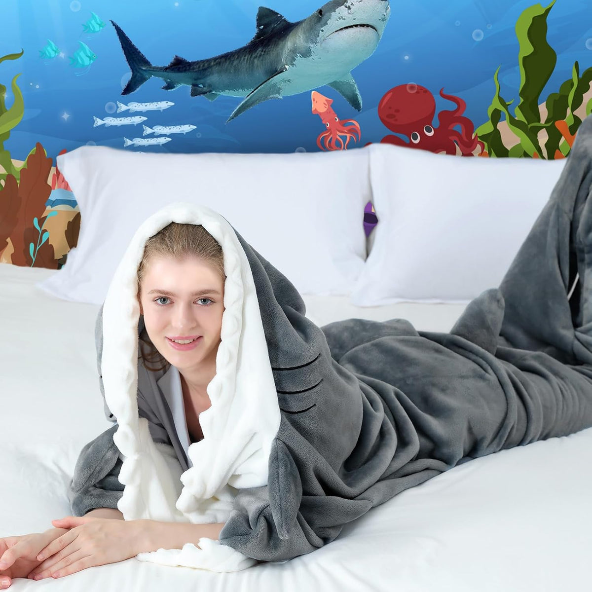 Touchat Shark Blanket for Adult Super Soft Cozy Flannel Throw Wearable Blanket, Cartoon Animals Blanket Hoodie, Sleeping Bag Cosplay Costume Gifts for Shark Lovers (Grey, L)