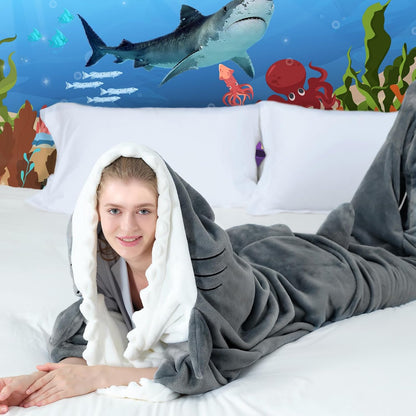 Touchat Shark Blanket for Adult Super Soft Cozy Flannel Throw Wearable Blanket, Cartoon Animals Blanket Hoodie, Sleeping Bag Cosplay Costume Gifts for Shark Lovers (Grey, L)