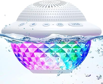 Floating Pool Speakers with Colorful LED Lights, IPX7 Waterproof Hot Tub Bluetooth Speaker, 10W Stereo Loud Sound, Built-in Mic, Portable Wireless Speakers for Shower Bathtub Beach Outdoor Swim-White