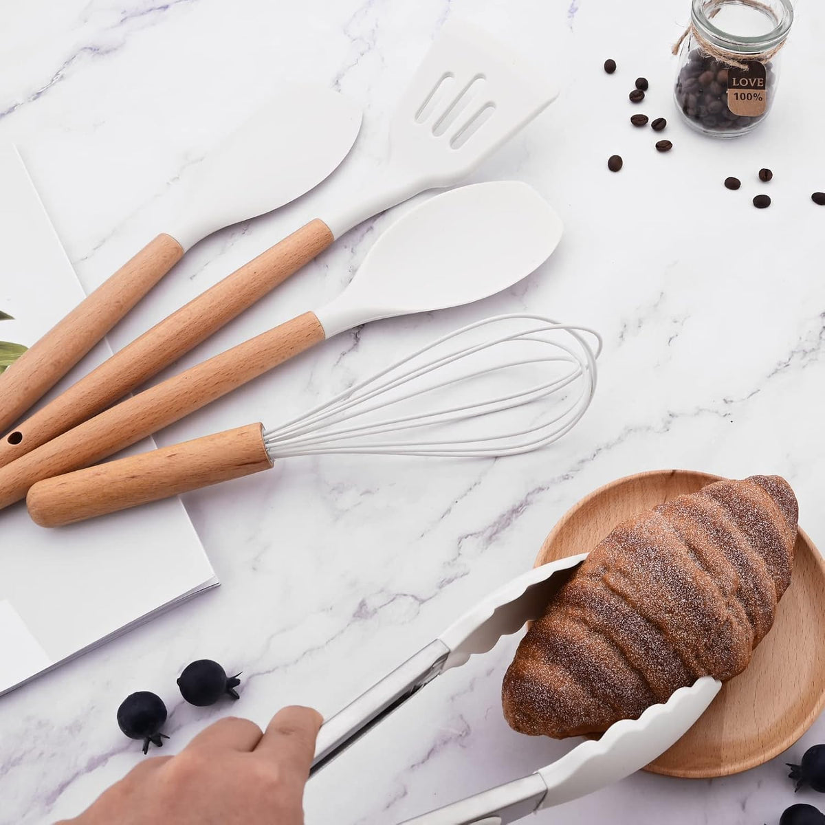 Carote1pc Silicone Slotted Spoon With Wooden Handle, Heat Resistant Cooking Utensils, Mixing Spoon, Cooking Backing Spoons Set For Stirring, Mixing And Serving - Spatula
