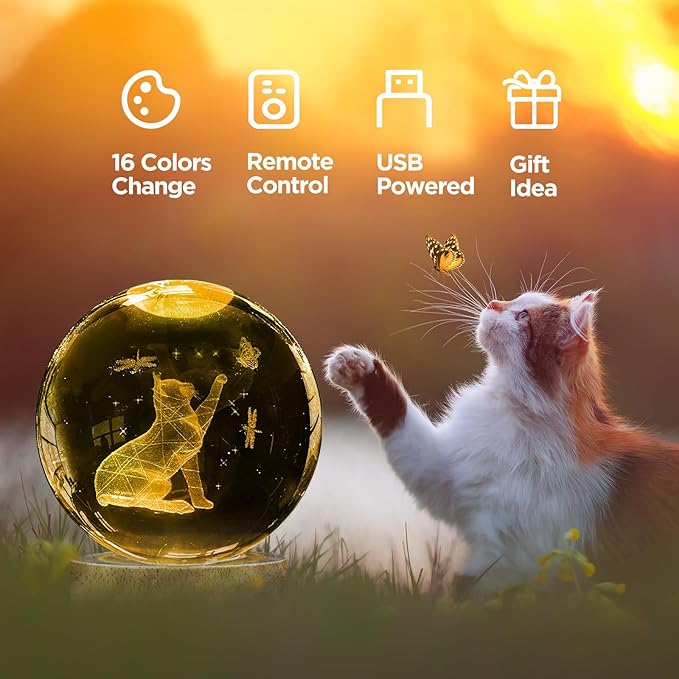 Crystal Ball Night Light Cat Lamp, 3.15 Inch Cat Figurines with 16 Color Wooden LED Base, Birthday