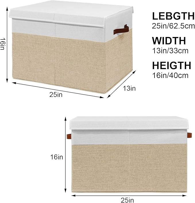Large Toy Storage Box with Lid, Sturdy Toys Storage Chest Bin Organizer Basket with Dividers for Kids, Boys, Girls, Nursery, Closet, Bedroom, Playroom 25"x13" x16" (Beige and White)