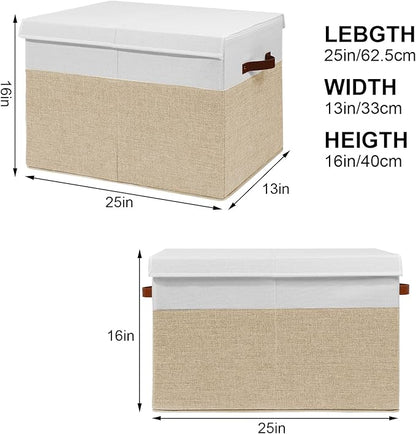 Large Toy Storage Box with Lid, Sturdy Toys Storage Chest Bin Organizer Basket with Dividers for Kids, Boys, Girls, Nursery, Closet, Bedroom, Playroom 25"x13" x16" (Beige and White)