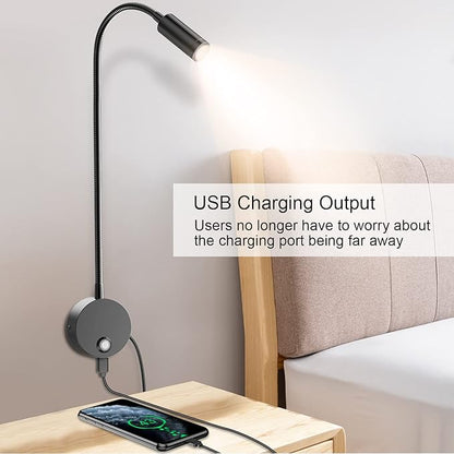 ERAY Plug-in LED Wall Mount Reading Light with 15" Flexible Gooseneck  USB Charging Port Dimmable Focused Bedside Reading Lights Black-1 Pack