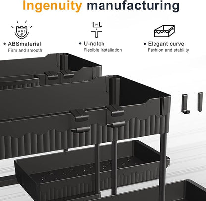 2 Pack Under Sink Organizers and Storage, 2 Tier Sliding Bathroom organizer,Multi-Use Under Kitchen Cabinet Storage Shelf (Black 2Pack)
