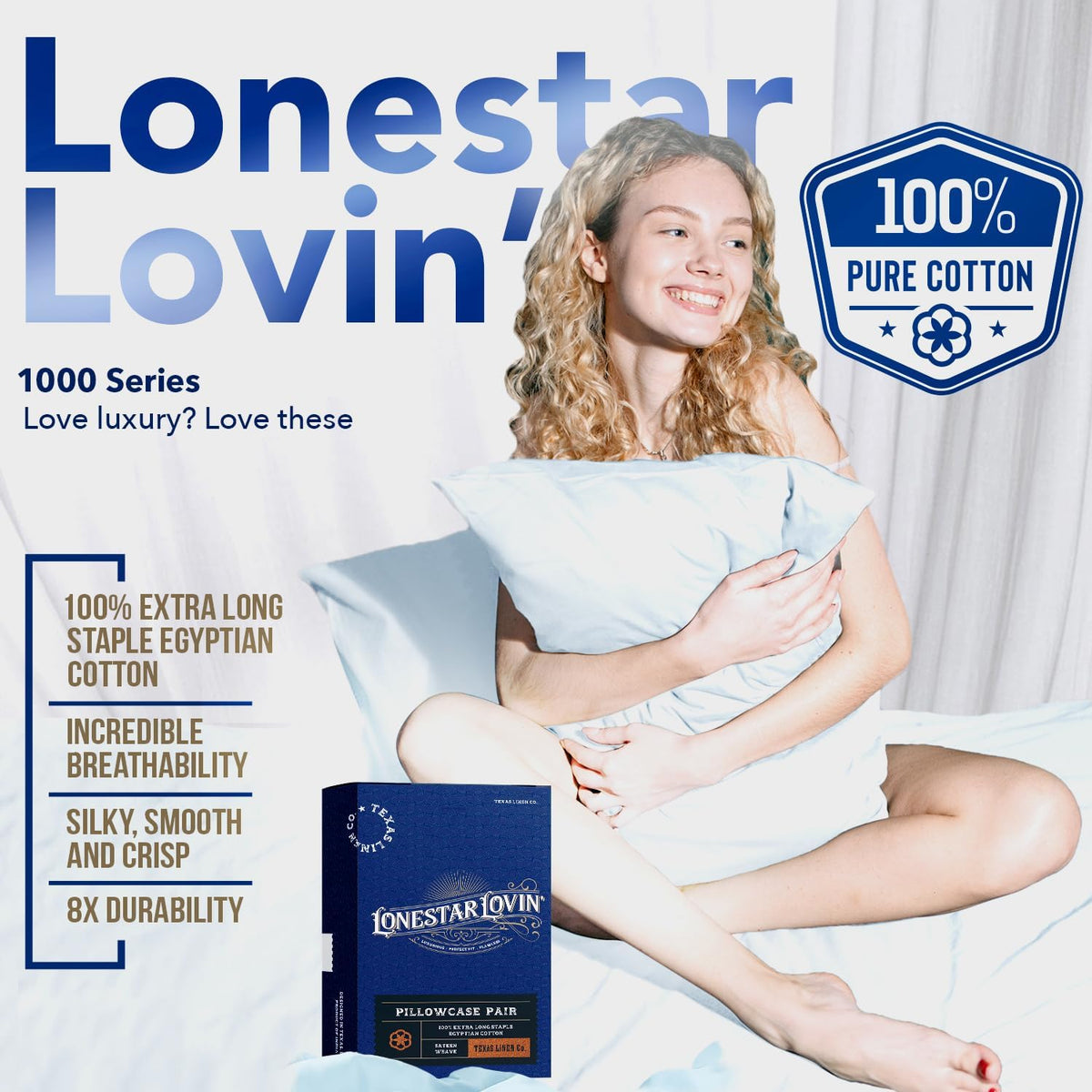 Luxury Egyptian Cotton King Deep Blue Pillow Cases Set of 2-1000 Series Lonestar Lovin' Collection Pillowcases for Sleeping, Cooling Extra Long Staple Sateen Bed Pillow Cover