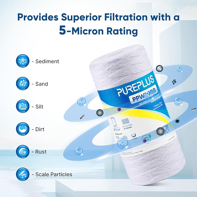 PUREPLUS 5 Micron 10 x 4.5 Whole House String Wound Sediment Filter for Well Water, Replacement Cartridge for 84637, WPX5BB97P, PC10, 355214-45, 355215-45, WP10BB97P, WP5BB97P, 1Pack