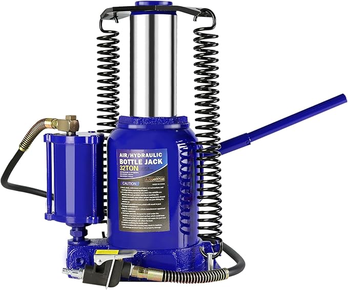 HomVent Pneumatic Air Hydraulic Bottle Jack, 32 Ton Car Bottle Jack Hydraulic with 10.4-16.3 Inch Lifting Range and 2-Section Long Handle for Car, Pickup Truck, Truck, RV, Auto Repair (Blue, 32 Ton)