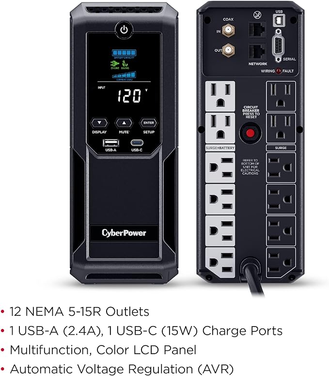 CyberPower CP1500AVRLCD3 Intelligent LCD UPS System, 1500VA900W, 12 Outlets, 2 USB Ports, AVR, Mini Tower, Black