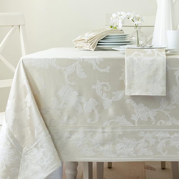 Benson Mills Harmony Scroll Woven Damask Fabric Tablecloth, Everyday, Parties, Special Occasions, Weddings and Holiday Table Cloth (60" X 94" Rectangular, Birch)