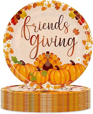 Furimuk 20 Pcs Happy Thanksgiving Disposable Paper Plates Fall Leaf Pumpkin Turkey Orange Harvest Theme Dinner Dessert Plate Tableware for Birthday Wedding Thanksgiving Party Supplies (7")