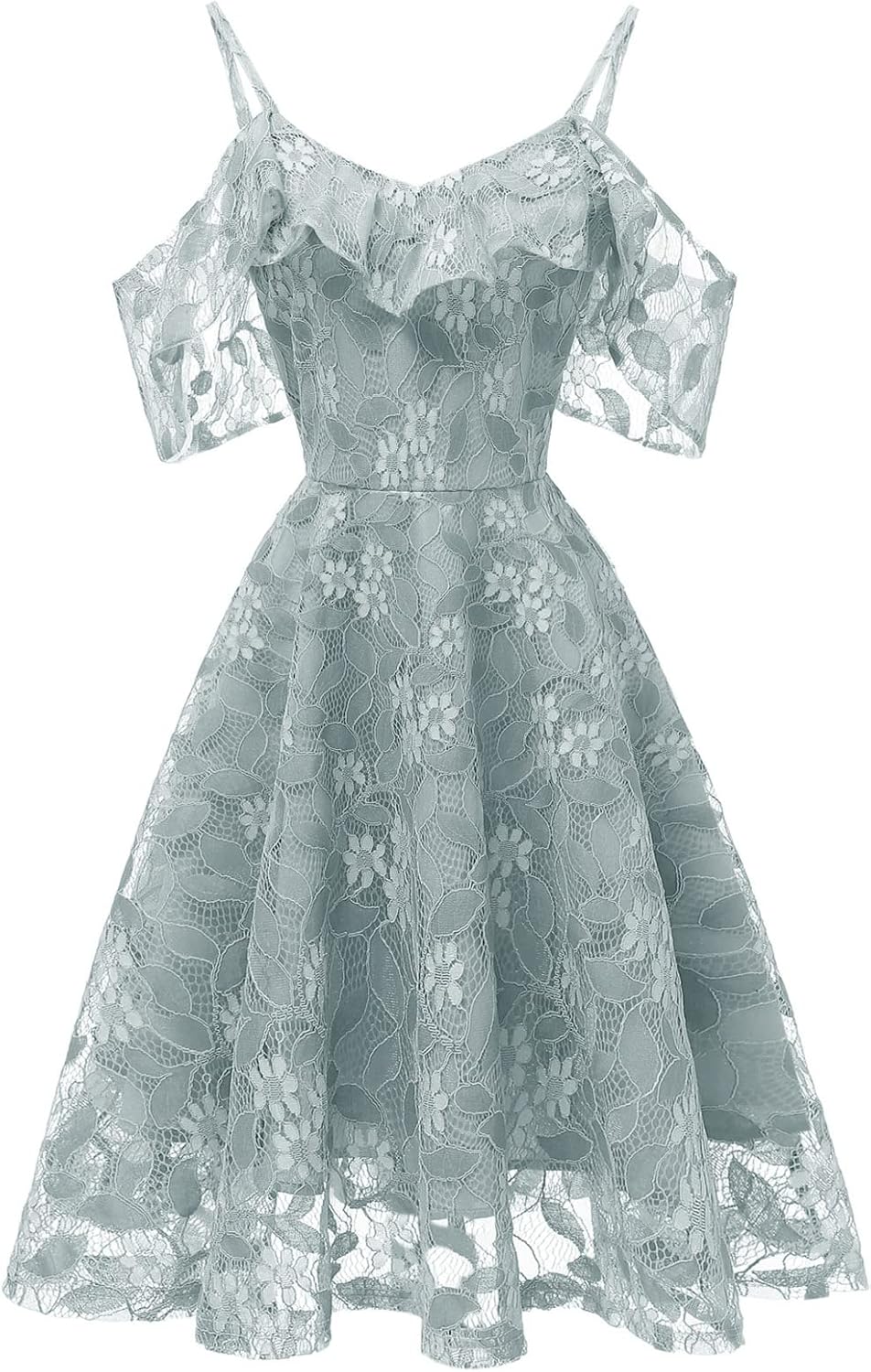 IWEMEK Women Spaghetti Strap Floral Lace Bridesmaid Cocktail Party Dress Cold Shoulder Ruffle Sleeve Wedding Guest Prom Dress.