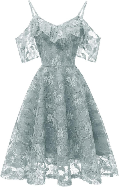 IWEMEK Women Spaghetti Strap Floral Lace Bridesmaid Cocktail Party Dress Cold Shoulder Ruffle Sleeve Wedding Guest Prom Dress.