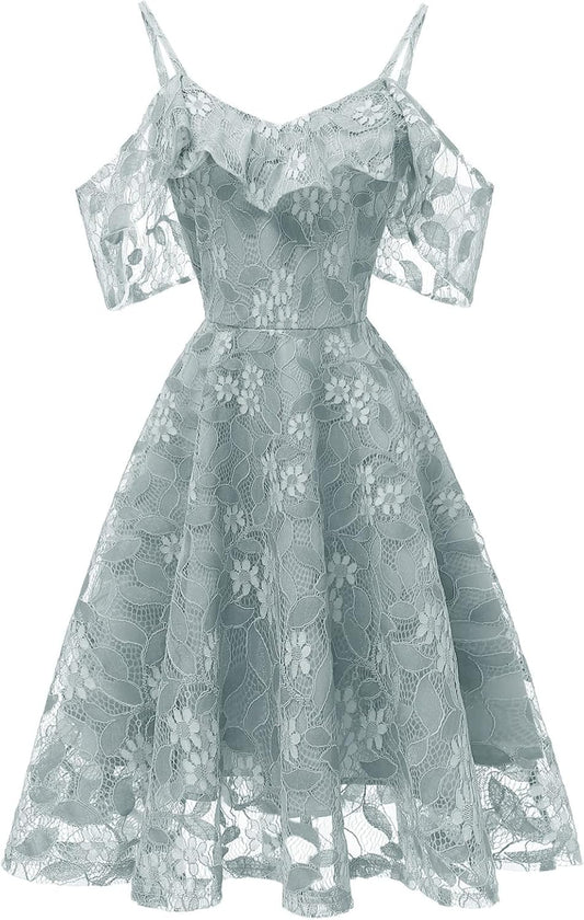IWEMEK Women Spaghetti Strap Floral Lace Bridesmaid Cocktail Party Dress Cold Shoulder Ruffle Sleeve Wedding Guest Prom Dress.