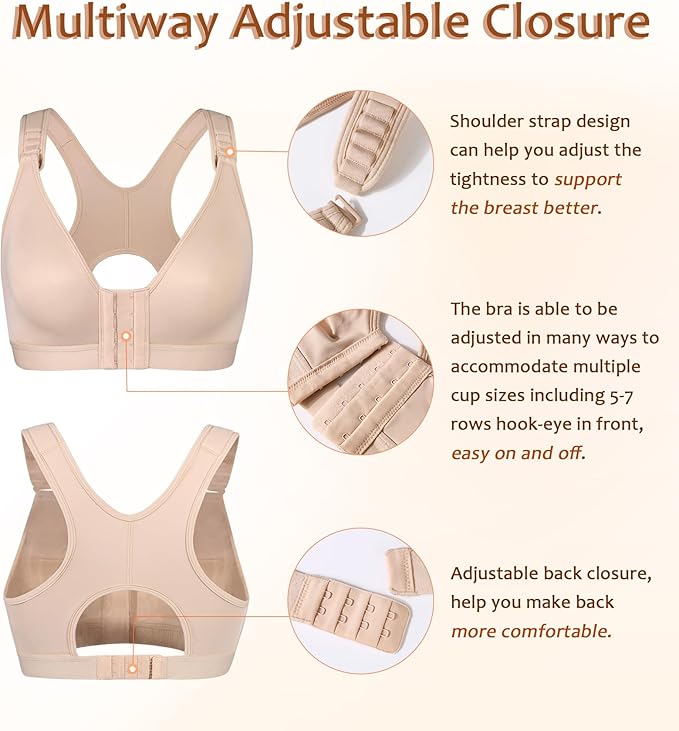 DotVol Women's Front Closure Wireless Adjustable Wide Strap Post-Surgery Everyday Bra