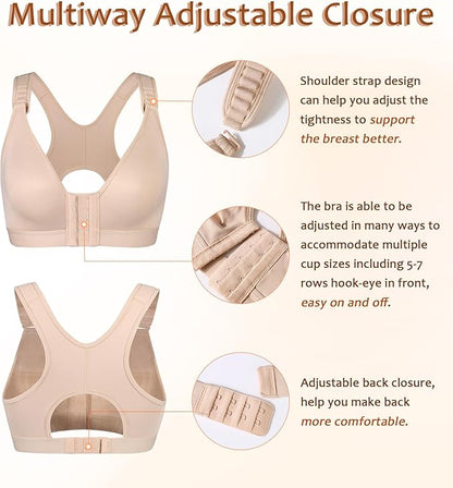 DotVol Women's Front Closure Wireless Adjustable Wide Strap Post-Surgery Everyday Bra