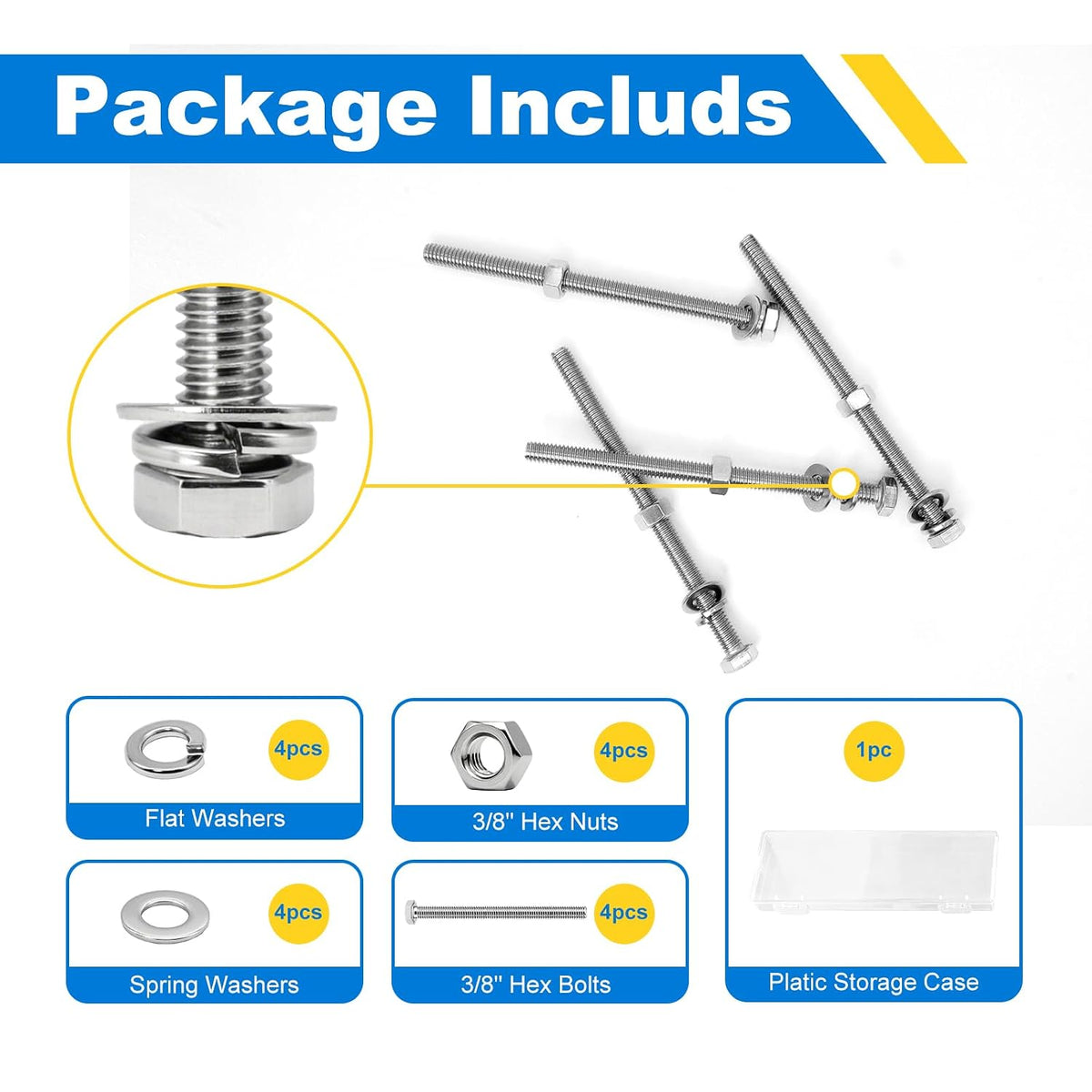 3/8-16 x 5 Hex Bolts Set, 5 Sets 3/8"-16 Thread 5 Inches Long, Hexagon Bolt Nuts, Flat & Lock Washers, Stainless Steel 304 Right Hand Fully Thread Heavy Duty Hex Bolts Assortment Kit