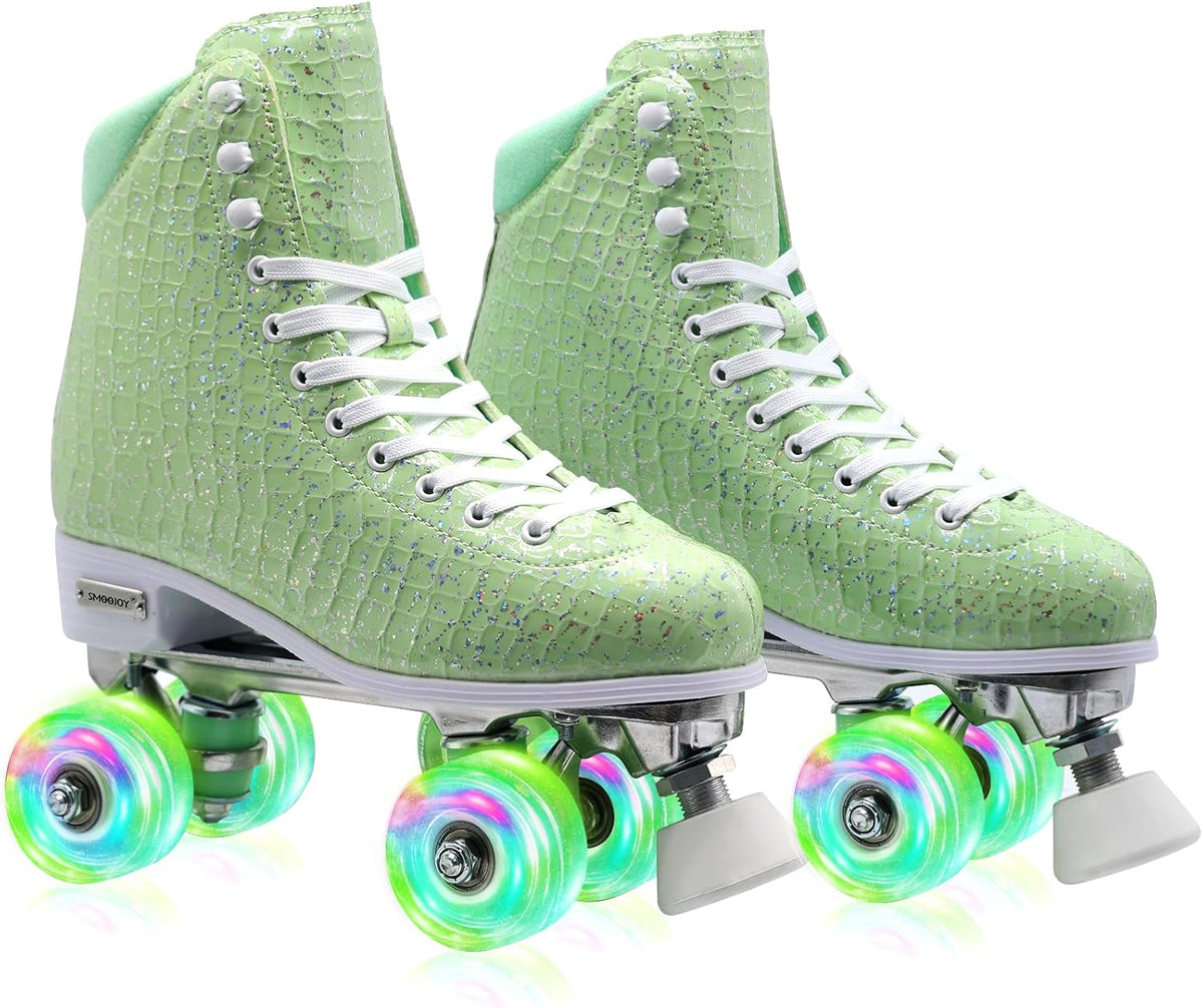 Roller Skates for Women Girls and Kids, Light Up Wheels - Quad Outdoor PU Leather High-Top Design Derby Rollerskates for Beginners Youth Sizes 2 3 4 5 6 7 8 9 10 11
