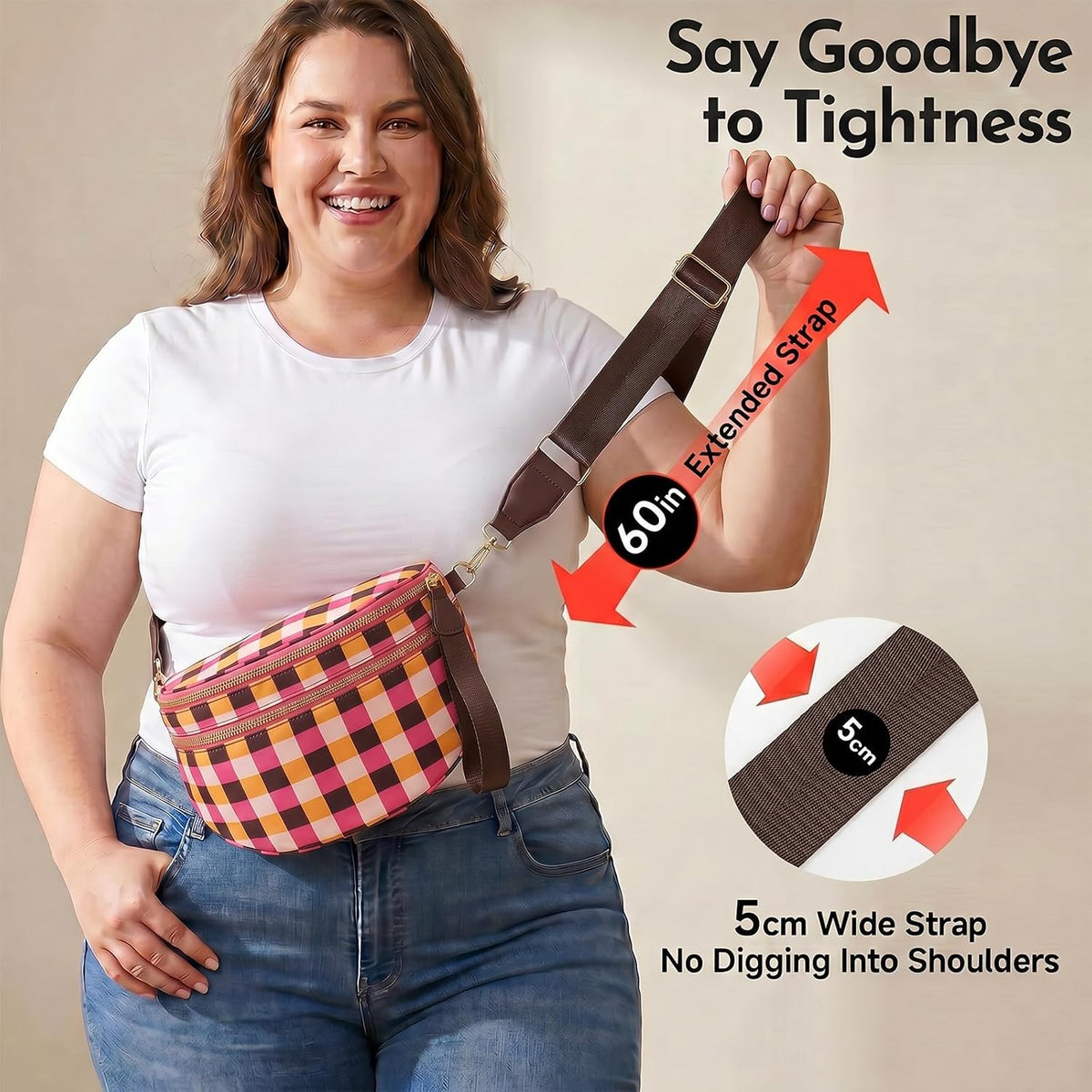 Checkered Crossbody Bag Nylon Bum Bags for Women Spacious Handbags Checkered Purse Fanny Packs with Shoulder Strap