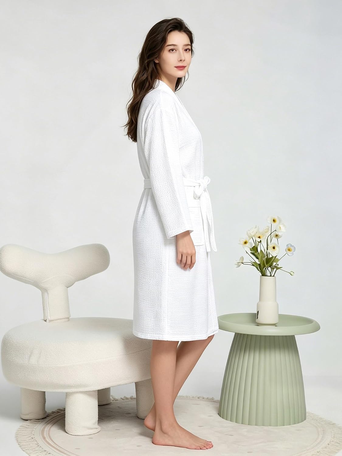WORW Waffle Robes for Women Knit Cotton Soft Spa Bathrobe | Lightweight Loungewear, Knee Length with Pockets, V Neck, Kimono, Absorbent, Breathable, Removable Belt.