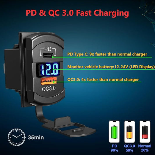 4 Gang Marine Boat Rocker Switch Box 12V SPST Aluminum Rocker Switch Panel PD Type C and QC 3.0 USB Charger Voltmeter Waterproof Switch with Panel DIY Stickers for RVs Boats Trucks