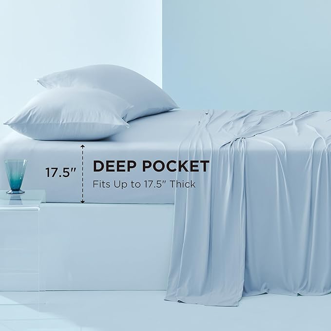 Bedsure Cooling Sheets Queen Size, Cooling Bedsheets for Hot Sleeper, Chill Cool Sheet, Deep Pocket Up to 17.5 Inches, Soft  Breathable Bedsheets, 4 Pieces, Blue