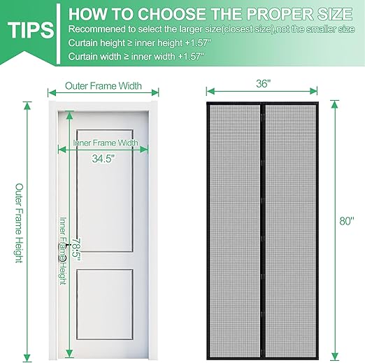 RELIANCER Fiberglass Magnetic Screen Door,36"x80" Door Mesh Screen w/Magnets,Fits Doors Up to 34.5"x78.5",Auto Closer Patio Door Net Screen,Hands Free Door Cover,Doorway Mesh Curtain,Mesh Partition