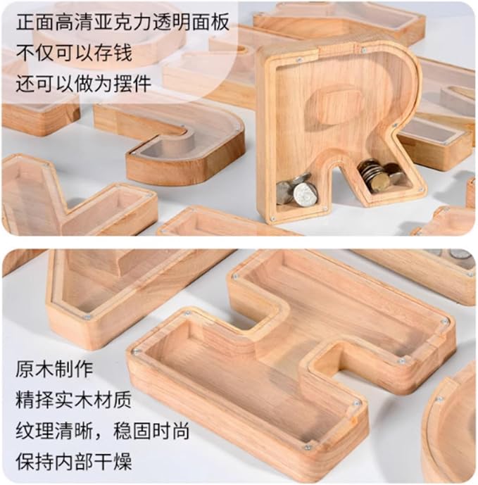 Internet Celebrity Wooden New English Letters Cash Box Children boy Piggy Bank Decoration Saving Box Transparent and Creative Gift