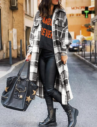 SKIKYAN Women Fall Flannel Plaid Shacket Jacket Oversized Button Down Long Shirt Jacket