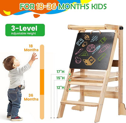 Toddler Tower Foldable - Kids Kitchen Step Stool with 3 Adjustable Heights  Safety Rail, Montessori Tower with Chalkboard for Learning, Standing Tower Helper Stool for Kitchen Counter Sink (Natural)