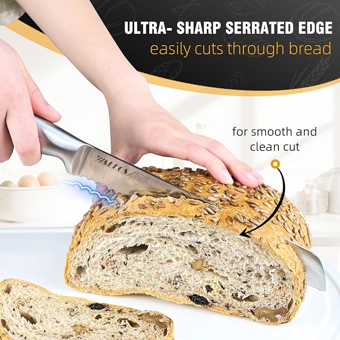 Walfos 8 Inch Bread Knife with Sheath, Serrated Bread Knife with Upgraded Stainless Steel, Ultra-Sharp, Bread Slice Knife for Slicing Homemade Bread, Bagels, Cake